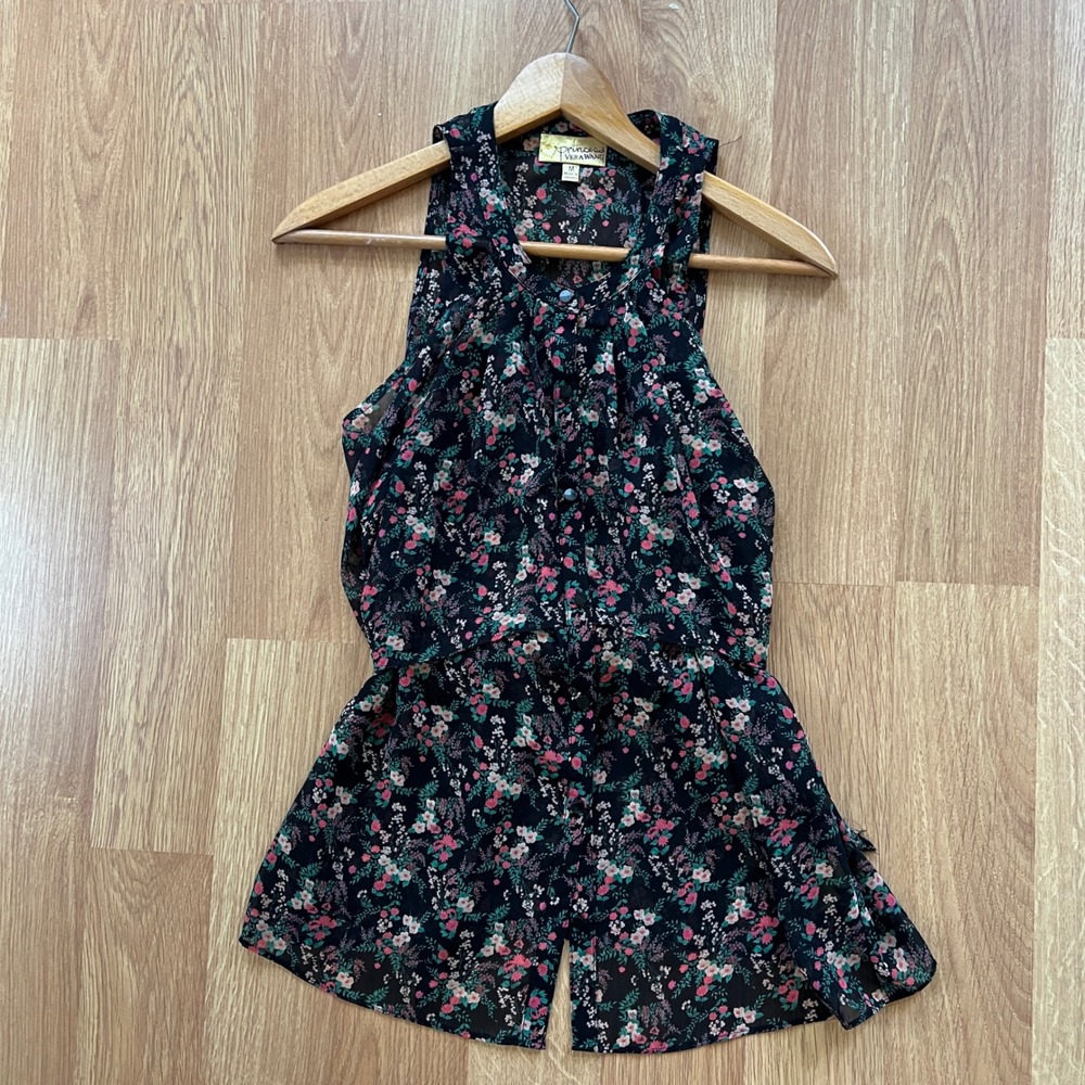 Princess Vera Wang Womens Floral Sheer Chiffon Ruffle Sleeveless Blouse Black M